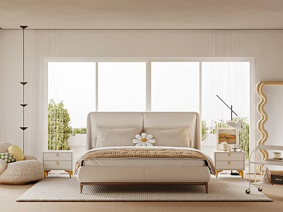 Modern Bedroom Interior Design With Upholstered Bed Large Window Nightstands Rug And Green Plants 3d model