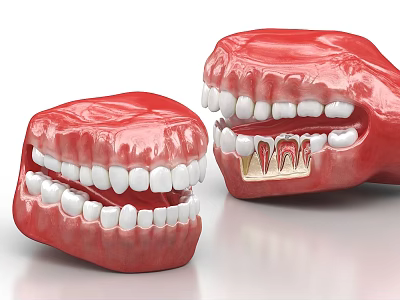 Dental Models With Red Gums White Teeth And Gold Crown Restoration For Anatomical Study 3d model