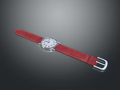 Stylish Wristwatch with Red Leather Strap White Dial Silver Case and Buckle 3d model