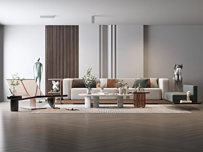 Modern Living Room Sofa Coffee Table Combination With Beige Upholstery Potted Plants And Decorative Items 3d model