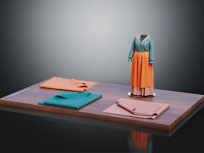 Clothing Mannequin in Green Top and Orange Skirt with Folded Fabrics on Display Platform 3d model