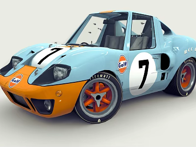 Vintage Gulf Racing Car With Blue And Orange Exterior And Number 7 Logo 3d model