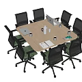 Modern Office Conference Table with Ergonomic Chairs Laptop Coffee Mugs Water Kettle and Documents