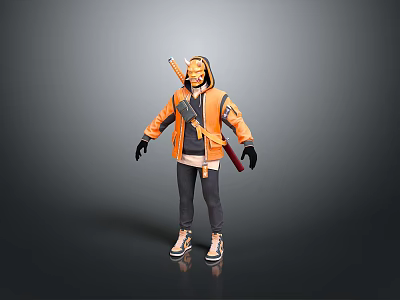 3D Character Model With Orange Hooded Jacket Black Pants Mask Gloves And Backpacked Axe Knife 3d model