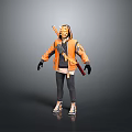 3D Character Model With Orange Hooded Jacket Black Pants Mask Gloves And Backpacked Axe Knife