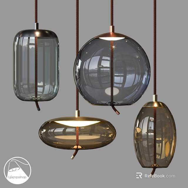 Modern Glass Pendant Lights With Round Oval Cylindrical Shapes And Copper Accents 3d model 