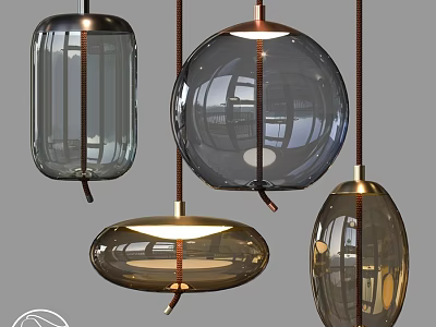 Modern Glass Pendant Lights With Round Oval Cylindrical Shapes And Copper Accents 3d model