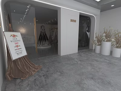 Mall Wedding Dress Shop Storefront With Displayed Elegant Dresses Decorative Plants And Lighting 3d model