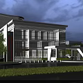 Modern Office Building Exterior Design With Glass Curtain Walls Spacious Entrance And Evening Lighting