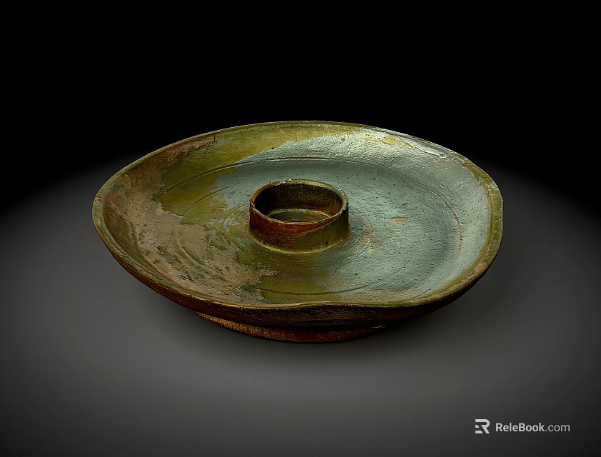 Ceramic Plate with Ring Center Green Brown Weathered Texture on Dark Background 3d model 