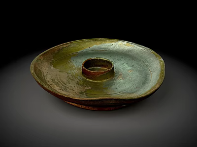 Ceramic Plate with Ring Center Green Brown Weathered Texture on Dark Background 3d model