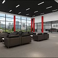 Spacious Service Hall With Black Leather Sofas White Coffee Tables Red Columns And Large Windows