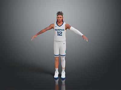 Man in White Timberwolves Jersey Number 12 with Arm Sleeves and Outstretched Arms 3d model