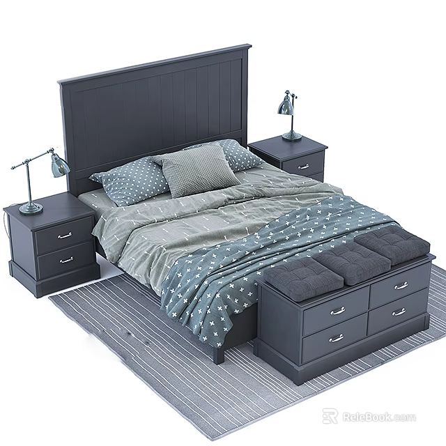 Modern Double Bed with Dark Headboard Nightstands Table Lamps Gray Bedding and Storage Bench 3d model