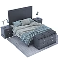 Modern Double Bed with Dark Headboard Nightstands Table Lamps Gray Bedding and Storage Bench 3d model