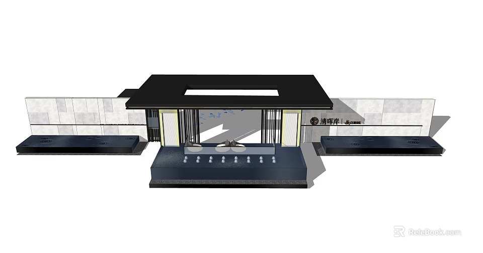 Modern Entrance Gate Architectural Design With Black Roof Glass Panels And Steps 3d model 