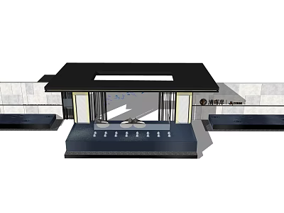 Modern Entrance Gate Architectural Design With Black Roof Glass Panels And Steps 3d model