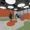 Modern Relaxation Area With Orange Wall Green Sofas Orange Round Ottomans And White Pendant Lights