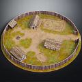 Ancient Circular Village Model With Wooden Fence Thatched Roof Huts And Central Open Area