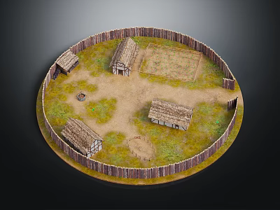 Ancient Circular Village Model With Wooden Fence Thatched Roof Huts And Central Open Area 3d model