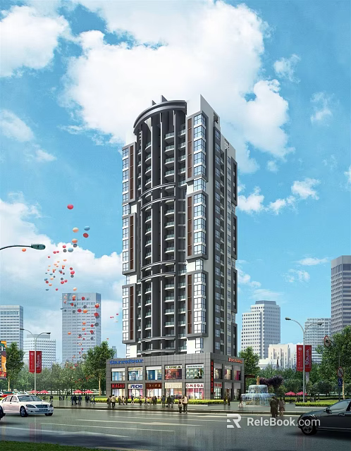 Modern High Rise Residential Building With Glass Windows In Urban City Skyline 3d model 