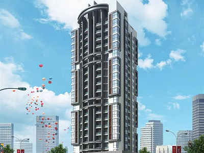 Modern High Rise Residential Building With Glass Windows In Urban City Skyline 3d model