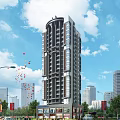 Modern High Rise Residential Building With Glass Windows In Urban City Skyline