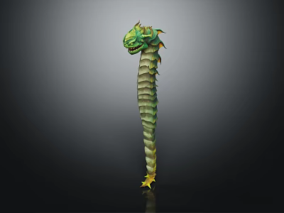 Mythical Green Dragon Headed Creature With Scales Long Body And Yellow Accents 3d model