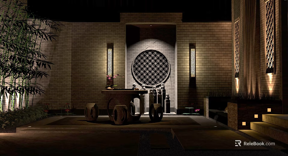 Traditional Chinese Garden Landscape With Round Lattice Window And Stone Furniture 3d model 