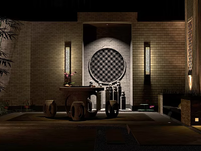 Traditional Chinese Garden Landscape With Round Lattice Window And Stone Furniture 3d model