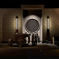Traditional Chinese Garden Landscape With Round Lattice Window And Stone Furniture