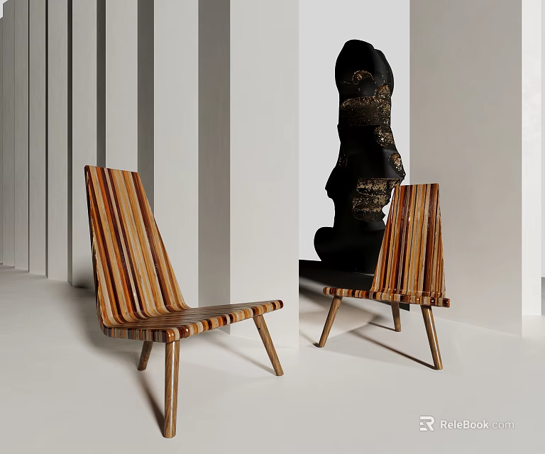 Two Wooden Striped Leisure Chairs In Modern Minimalist Interior With Sculpture 3d model 