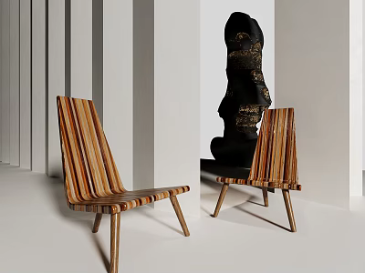 Two Wooden Striped Leisure Chairs In Modern Minimalist Interior With Sculpture 3d model