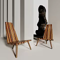 Two Wooden Striped Leisure Chairs In Modern Minimalist Interior With Sculpture