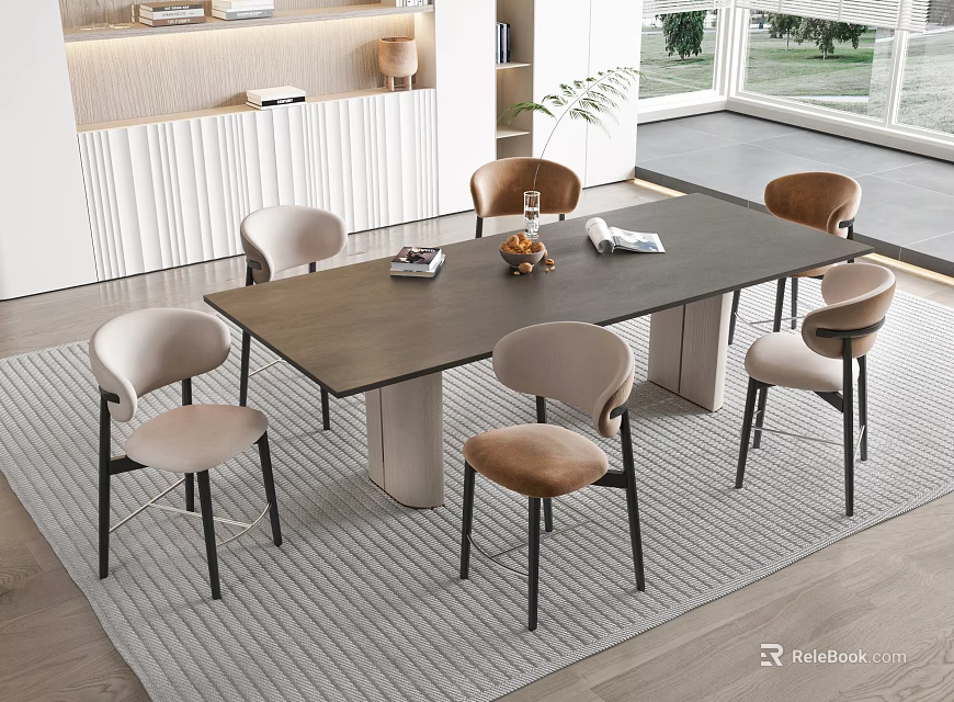 Modern Dining Table Set With Six Beige And Brown Chairs In Minimalist Bright Living Space 3d model 