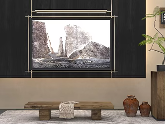 Tea Table and Chair Combination Bench Bonsai Hanging Painting 3d model