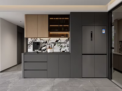 Modern Gray Wooden Kitchen Sideboard With Marble Pattern Design And Storage Drawers 3d model