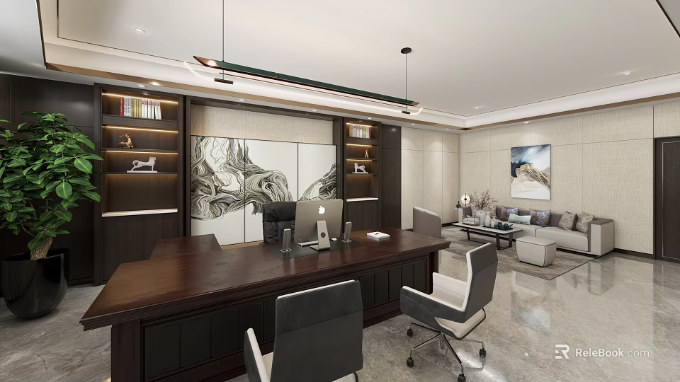 Modern Office Interior With Large Dark Wooden Desk Computer Chairs Bookshelves And Sofa Area 3d model 