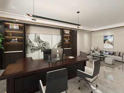 Modern Office Interior With Large Dark Wooden Desk Computer Chairs Bookshelves And Sofa Area 3d model