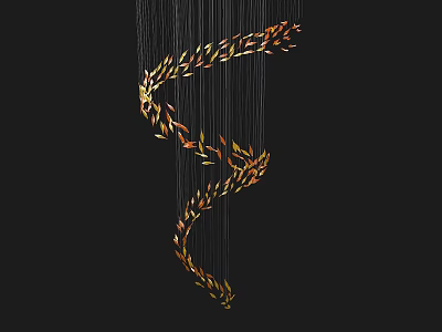 Modern Spiral Chandelier With Golden Orange Leaf Shaped Elements Hanging Against Black Background 3d model