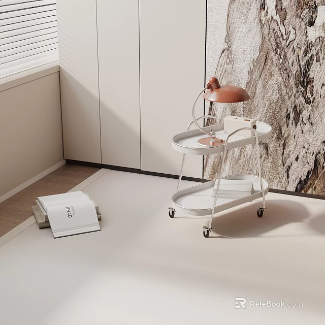 Modern Office Desk Setup With White Rolling Cart Orange Lamp Notebook And Textured Wall 3d model 