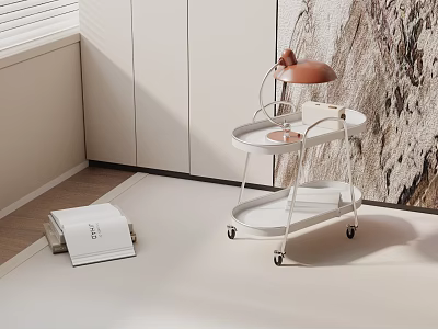 Modern Office Desk Setup With White Rolling Cart Orange Lamp Notebook And Textured Wall 3d model