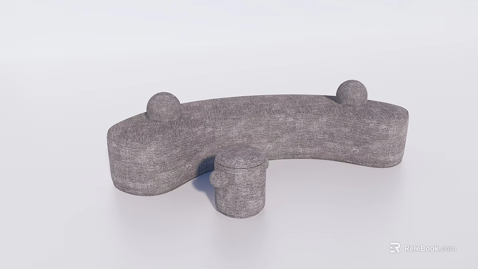 Modern Gray Fabric Upholstered Curved Sofa Bench With Small Round Ottoman 3d model 