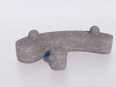 Modern Gray Fabric Upholstered Curved Sofa Bench With Small Round Ottoman 3d model