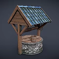Traditional Well Structure With Rustic Wooden Roof Blue Tiles Stone Base Wooden Bucket And Wheel