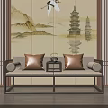 Traditional Chinese Arhat Bed With Landscape Painting Backdrop Decorative Cushions Tea Table And Flower Stands