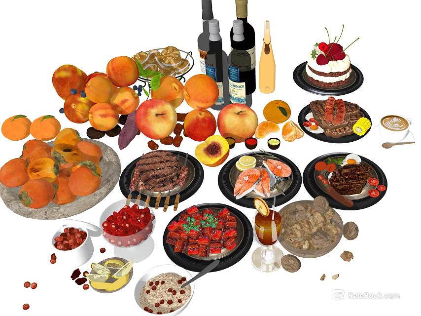 Assorted Fresh Foods Display With Apricots Apples Steak Salmon Cake And Wine Bottles 3d model 