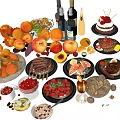 Assorted Fresh Foods Display With Apricots Apples Steak Salmon Cake And Wine Bottles