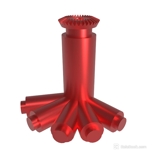 Red Mechanical Component Featuring Multi Branched Structure and Cylindrical Design 3d model 