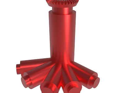 Red Mechanical Component Featuring Multi Branched Structure and Cylindrical Design 3d model